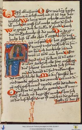 (38r) Eingeklebte Initiale (D), weibliche Figur (Maria?).