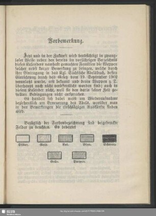 [Namensverzeichnis und Wappen von Adelsfamilien, welche durch ihre Ansässigkeit in Sachsen die Staatsangehörigkeit besitzen]