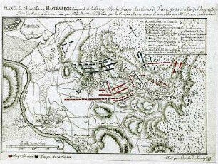 WHK 24 Deutscher Siebenjähriger Krieg 1756-1763: Plan der Schlacht bei Hastenbeck, gewonnen durch die französischen Hilfstruppen unter Marschall d'Estrées über die hannoverschen Truppen unter dem Herzog von Cumberland, 26. Juli 1757