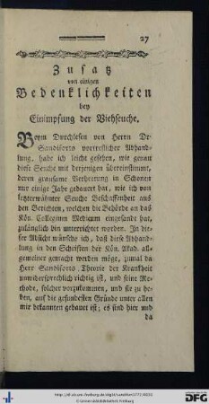 Zusatz von einigen Bedenklichkeiten bey Einimpfung der Viehseuche.