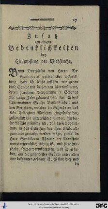 Zusatz von einigen Bedenklichkeiten bey Einimpfung der Viehseuche.