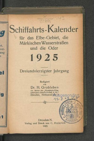 43.1925: Schiffahrts-Kalender für das Elbe-Gebiet und die Märkischen Wasserstrassen