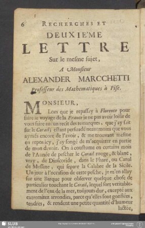 Deuxiéme Lettre Sur le mesme sujet, A Monsieur Alexander Marcchetti Professeur des Mathematiques à Pise