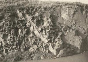 Plauen/Vogtland. Diabasische Kissen-oder Pillowlava (Oberdevon), von einer Verwerfung durchschnitten