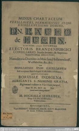 Munus chartaceum ... Paulo de Fuchs ... oblatum ...