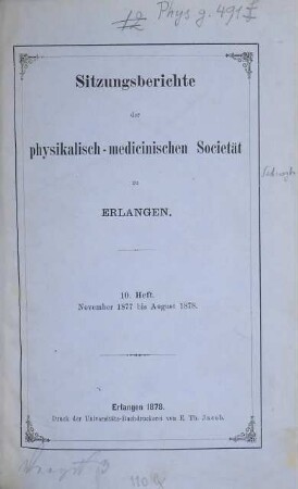 Sitzungsberichte der Physikalisch-Medizinischen Sozietät zu Erlangen, 10. 1877/78