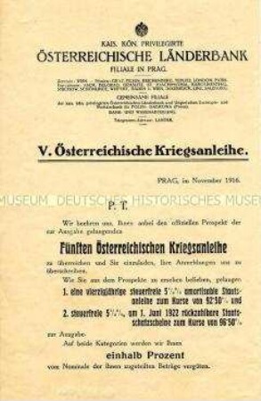 Informationsschrift der Filiale Prag der Österreichischen Länderbank zur V. Österreichischen Kriegsanleihe