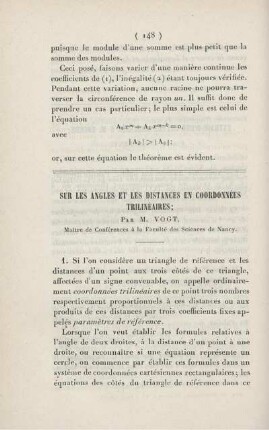 Sur les angles et les distances en coordonnées trilinéaires.