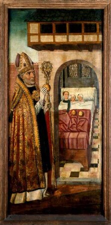 Hl. Nikolaus wirft goldene Kugeln in das Zimmer der drei Jungfrauen - untere Teil des rechten Innenflügel eines Retabels aus der Katharinenkirche