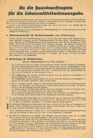 "An die Hausbeauftragten für die Lebensmittelkartenausgabe" Merkblatt des Ernährungsamtes Heilbronn