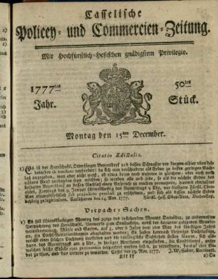 50tes Stueck, Montag den 15ten December 1777