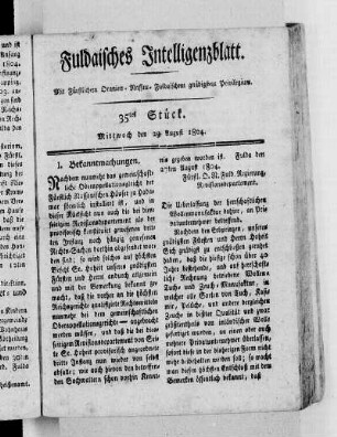 35tes Stück, Ausgabe vom 29. August 1804