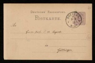 Nr. 20: Postkarte von Jakob Freudenthal an Paul de Lagarde, Breslau, 8.5.1877