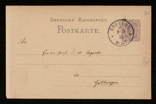 Nr. 20: Postkarte von Jakob Freudenthal an Paul de Lagarde, Breslau, 8.5.1877