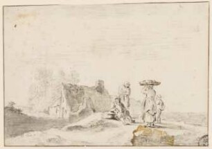 Landschaft mit Hütte und vier Figuren