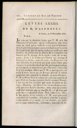 212-226, Lettre LXXXII. de M. d'Alembert. - Lettre LXXXV. du Roi.