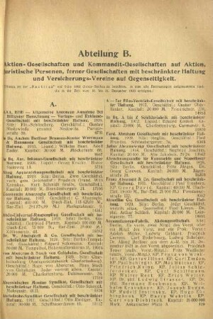 Abteilung B. Aktien-Gesellschaften und Kommandit-Gesellschaften auf Aktien, juristische Personen, ferner Gesellschaften mit beschränkter Haftung und Versicherungs-Vereine auf Gegenseitigkeit