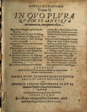 Antiquae Lectionis Tomus ... : accessit Menologium Graecorum ..., 2. In Quo Plura Quam XX. Antiqua monumenta, nunquam edita : Accessit Menologium Graecorum ex Biblioth. & interpretatione Gulielmi Sirleti Cardinalis