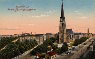 Postkartenalbum mit Motiven von Karlsruhe. "Durlacher Allee mit Bernhadruskirche (hinten Lutherkirche)