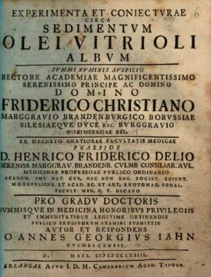 Experimenta Et Coniectvrae Circa Sedimentvm Olei Vitrioli Albvm