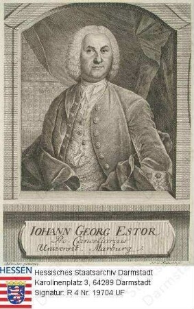 Estor, Johann Georg, Prof. Dr. jur. (1699-1773) / Porträt in Medaillon mit Bildlegende, Brustbild, darunter: handschriftlicher Lebenslauf