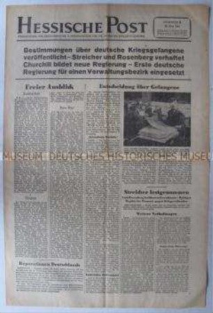 Nachrichtenblatt der US-Armee "Hessische Post" u.a. zur Lage in Deutschland und zur Behandlung deutscher Kriegsgefangener