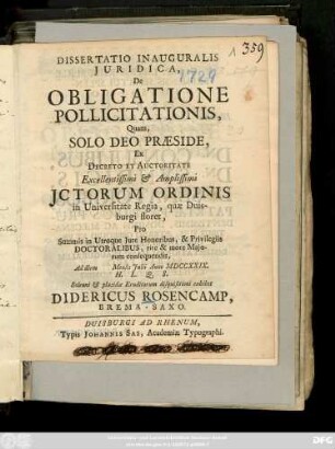 Dissertatio Inauguralis Juridica, De Obligatione Pollicitationis