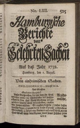 No. LXII. Hamburg, den 1. August 1732 - No. LXX. Hamburg, den 29. August 1732