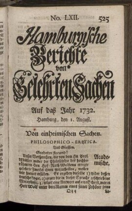 No. LXII. Hamburg, den 1. August 1732 - No. LXX. Hamburg, den 29. August 1732