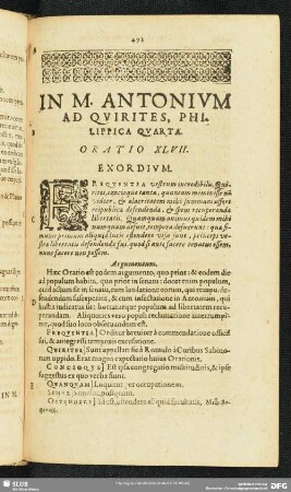 In M. Antonium Ad Quirites, Philippica Quarta. Oratio XLVII.