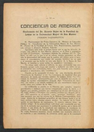 Conciencia de América : Conferencia del Dr. Ricardo Rojas en la Facultad de letras de la Universidad Mayor de San Marcos. (Versión taquigráfica)