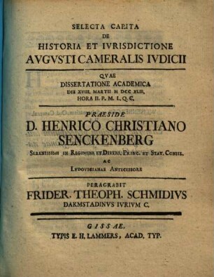 Selecta capita de historia et iurisdictione augusti cameralis iudicii