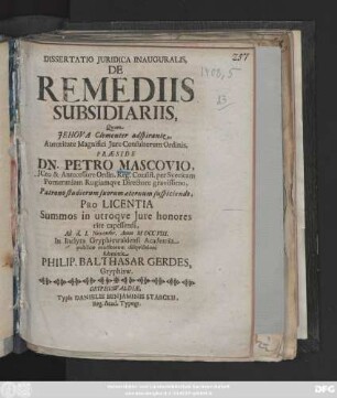 Dissertatio Juridica Inauguralis, De Remediis Subsidiariis