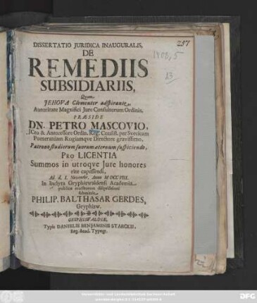 Dissertatio Juridica Inauguralis, De Remediis Subsidiariis