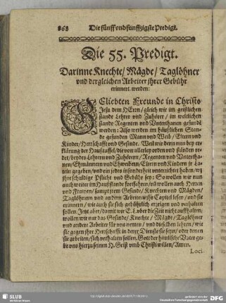 Die 55. Predigt. Darinne die Knechte, Mägde, Taglöhner und dergleichen Arbeiter ihrer Gebühr erinnert werden