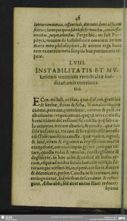 LVIII. Instabilitatis Et Mutationis omnium rerum altae meditationis continuatio