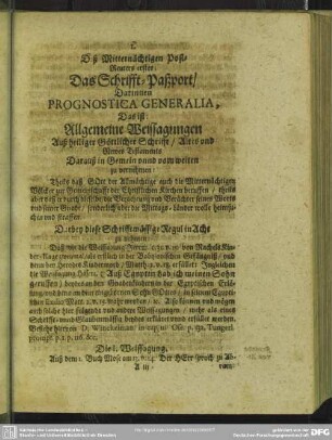Das Schrifft-Paßport, Darinnen Prognostica Generalia, Das ist: Allgemeine Weissagungen
