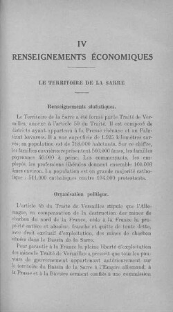 IV. Renseignements économiques