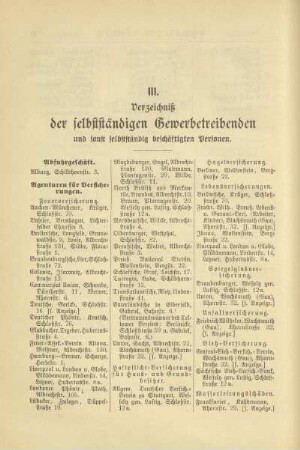 III. Verzeichniß der selbstständigen Gewerbetreibenden und sonst selbstständig beschäftigten Personen