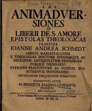 Animadversiones Ad Liberii De S. Amore Epistolas Theologicas