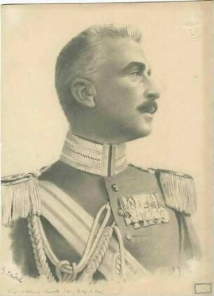 Freiherr Max von Holzing-Berstett, Generalmajor in Uniform, Schärpe und Orden, Brustbild in Pofil