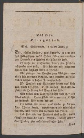Das Erste. Kriegslied. Mel. Willkommen, o seliger Abend [et]c.