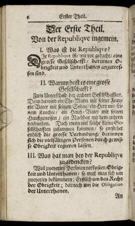 Der Erste Theil. Von der Republique ingemein.
