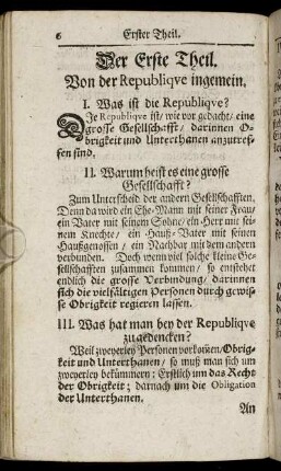 Der Erste Theil. Von der Republique ingemein.