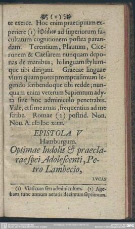 Epistola V Hamburgum. Optimae Indolis & praeclarae spei Adolescenti, Petro Lambecio, Lucas Holstenius S. P. D.