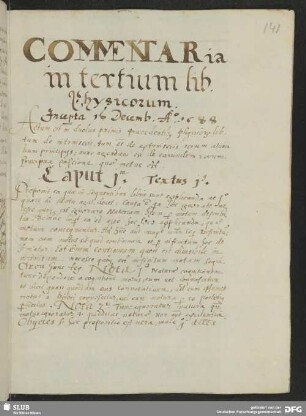 COMMENTARia in tertium lib Physicorum.