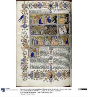 Neunteiliges Bildfeld mit der Geschichte Hiobs; Initiale U, darin eine Opferszene (folio 193 verso der "Hamilton-Bibel")