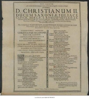 DeVs NobIsCVM. Ad Serenissimum Celsissimumque Principem & Dominum D. Christianum II. Ducem Saxoniae ... De Pacifica Transactione Illustrissimae Domus Saxonicae Cum Electorali Brandenburgica, Et Palatina Neoburgica Academiae Salanae Gratulatio