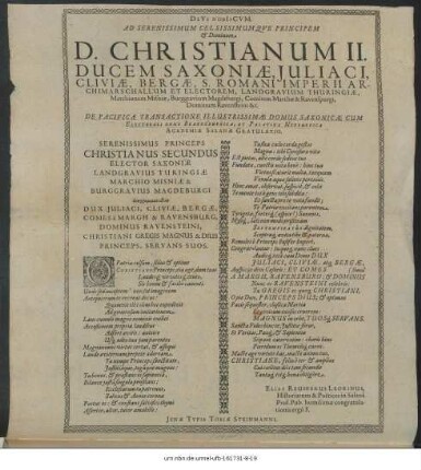 DeVs NobIsCVM. Ad Serenissimum Celsissimumque Principem & Dominum D. Christianum II. Ducem Saxoniae ... De Pacifica Transactione Illustrissimae Domus Saxonicae Cum Electorali Brandenburgica, Et Palatina Neoburgica Academiae Salanae Gratulatio