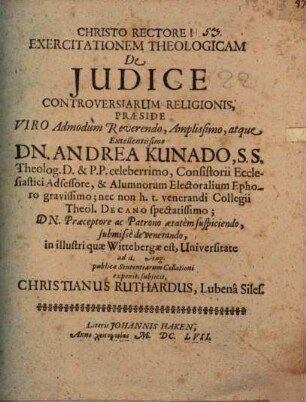 Exercitationem Theologicam De Judice Controversiarum Religionis